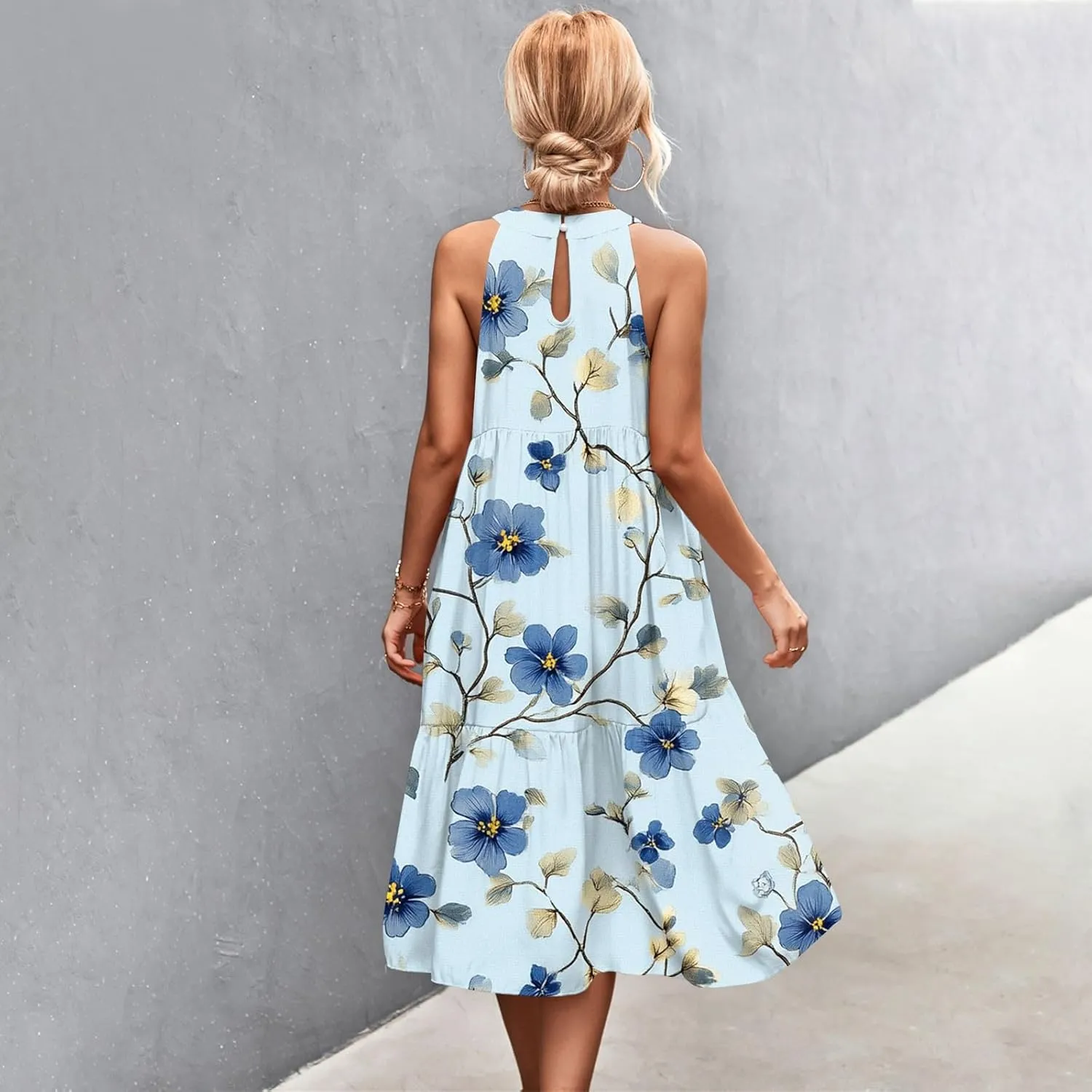 Dresses for Women 2025 Sleeveless Floral Print Tank Dresses Hanging Neck Splicing Midi Dresses Loose Sundresses