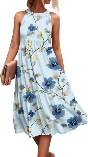 Dresses for Women 2025 Sleeveless Floral Print Tank Dresses Hanging Neck Splicing Midi Dresses Loose Sundresses