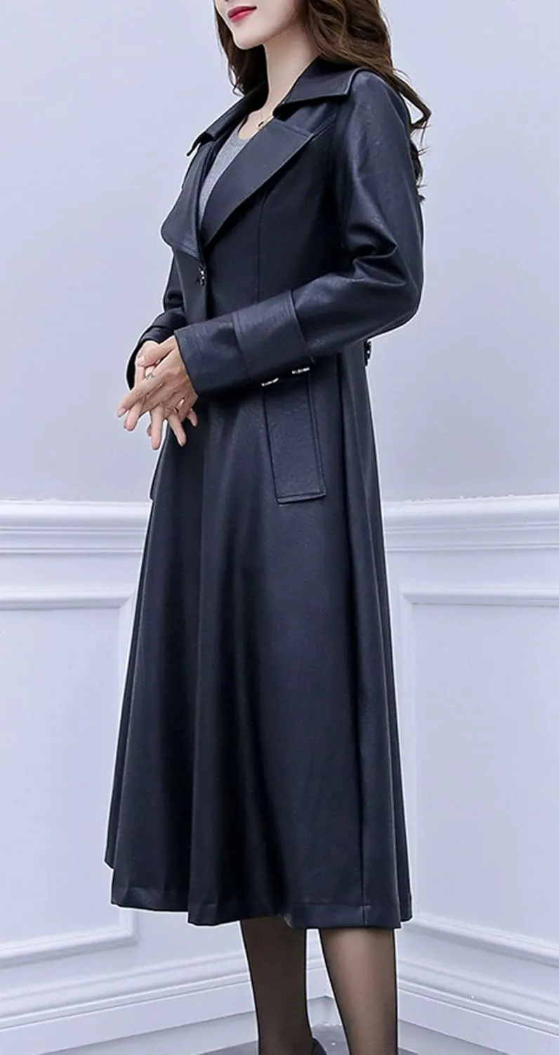 ebossy Women's Elegant Lapel Collar 2 Button Fit-Flare Pu Leather Long Trench Coat