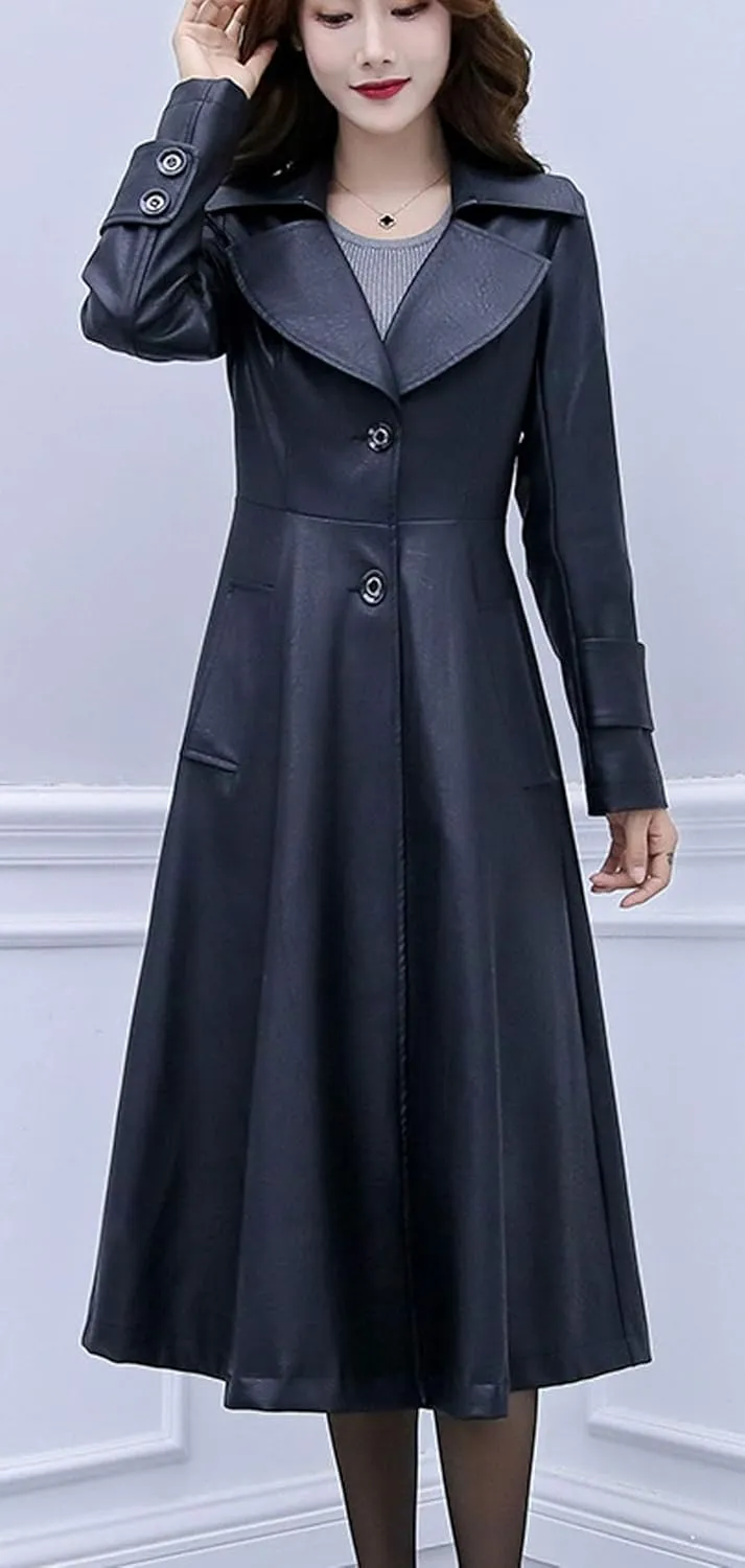 ebossy Women's Elegant Lapel Collar 2 Button Fit-Flare Pu Leather Long Trench Coat
