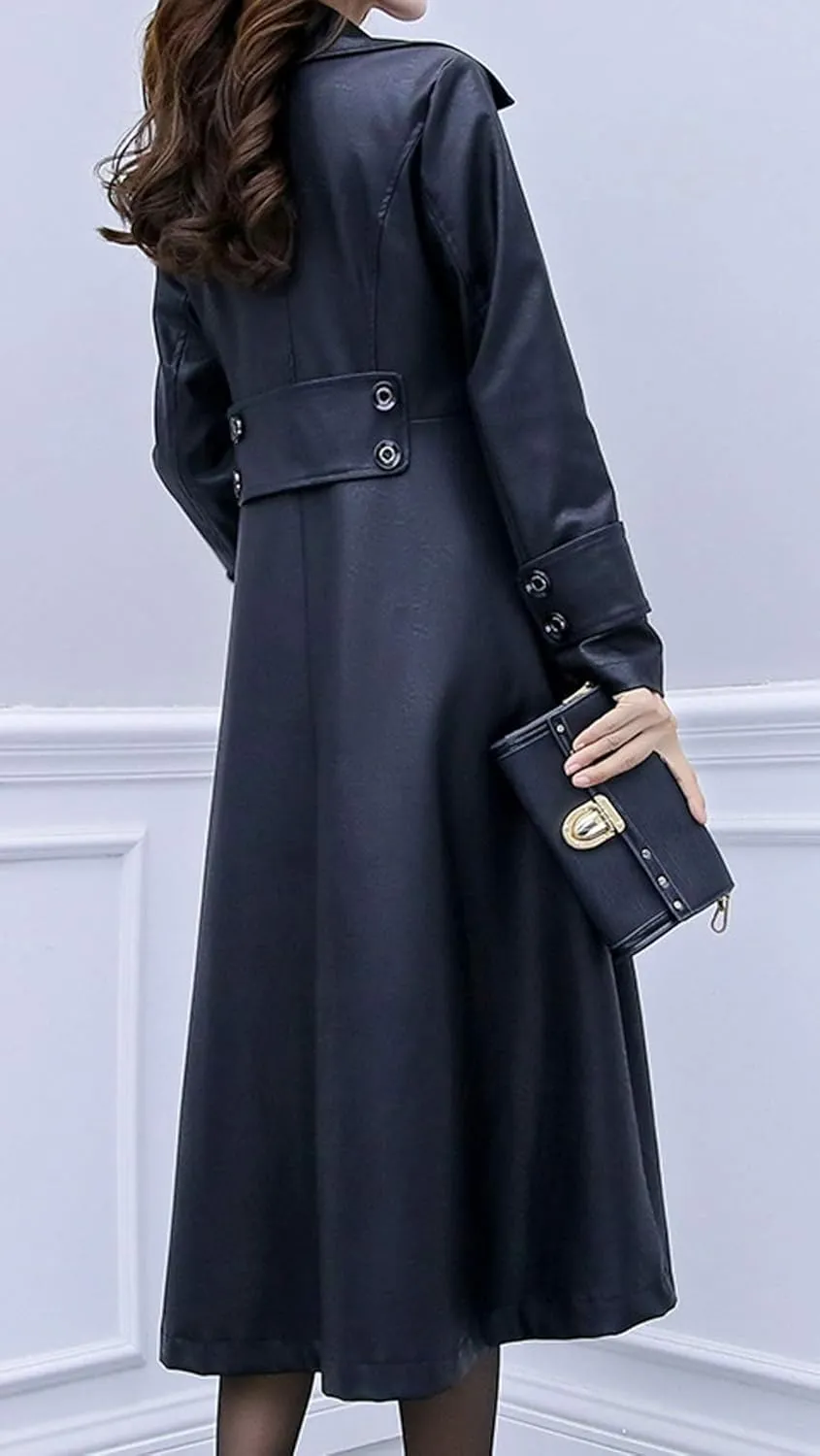 ebossy Women's Elegant Lapel Collar 2 Button Fit-Flare Pu Leather Long Trench Coat
