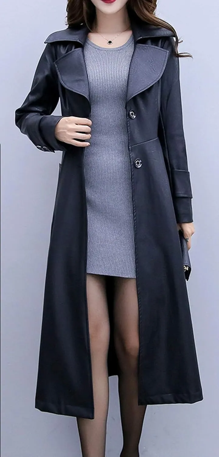 ebossy Women's Elegant Lapel Collar 2 Button Fit-Flare Pu Leather Long Trench Coat