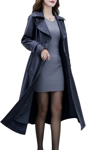 ebossy Women's Elegant Lapel Collar 2 Button Fit-Flare Pu Leather Long Trench Coat