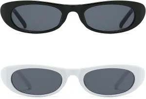 Elongated Narrow Cat Eye Sunglasses for Women 90s Retro Womens Oval Sunglasses Fashion Small Black Shades