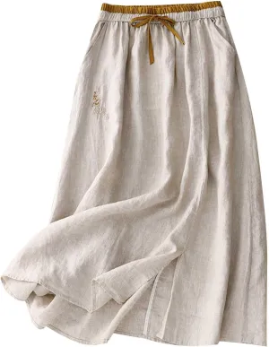Embroidery Maxi Skirts for Women with Pockets Midi Length Long Skirt Casual Beach Party Holiday Cotton Linen Skirt
