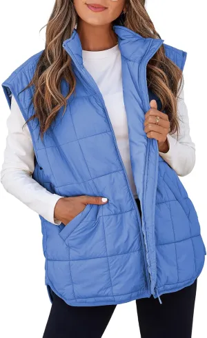 EVALESS Womens Puffer Vest Zip Up Cap Sleeve Jackets Travel Fall Outfits 2024 Fashion Warm Winter Coats With Pockets