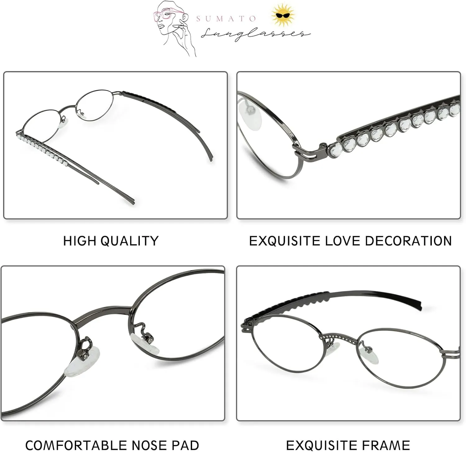 Fashion Luxury Diamond Heart Rhinestone Sunglasses for Women, Vintage Oval Eyewear,Trendy Retro