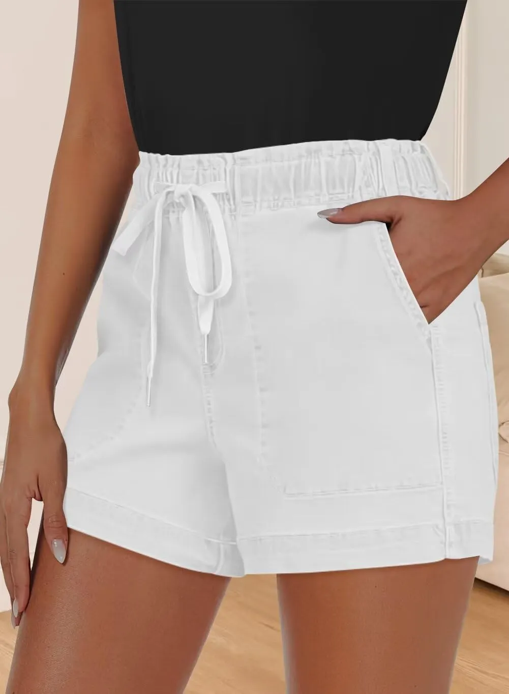 FEKOAFE Womens Stretchy Denim Shorts 2025 Summer Casual Drawstring Elastic Waist Jean Shorts with Pockets