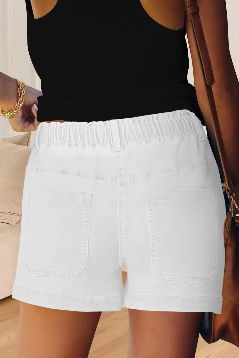FEKOAFE Womens Stretchy Denim Shorts 2025 Summer Casual Drawstring Elastic Waist Jean Shorts with Pockets