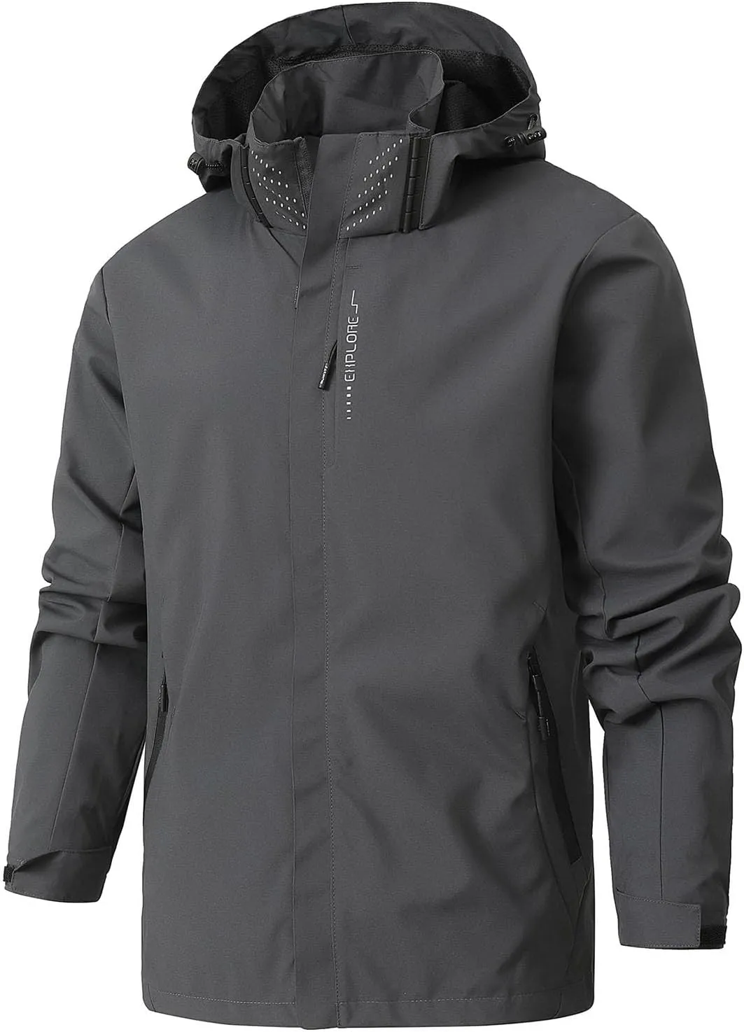 Finelylove Mens Rain Jacket Waterproof Windproof Outdoor Softshell Wind Breaker Hiking Raincoats With Detachable Hood