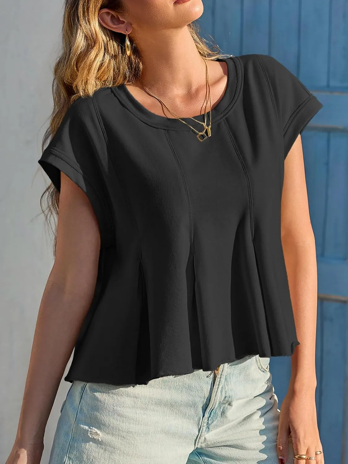 Fisoew Womens Oversized Casual T-Shirts Crewneck Short Sleeve Summer Loose Fit Babydoll Peplum Tops