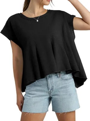 Fisoew Womens Oversized Casual T-Shirts Crewneck Short Sleeve Summer Loose Fit Babydoll Peplum Tops