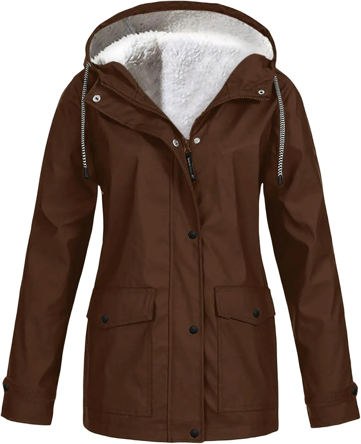 Fleece Lined Raincoat for Women Lightweight Warm Windbreaker Rain Jacket Outdoor Waterproof Hooded Coats with Pockets