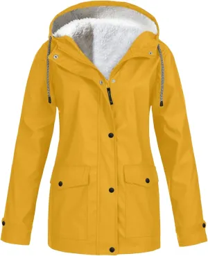 Fleece Lined Raincoat for Women Lightweight Warm Windbreaker Rain Jacket Outdoor Waterproof Hooded Coats with Pockets