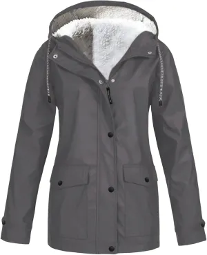 Fleece Lined Raincoat for Women Lightweight Warm Windbreaker Rain Jacket Outdoor Waterproof Hooded Coats with Pockets