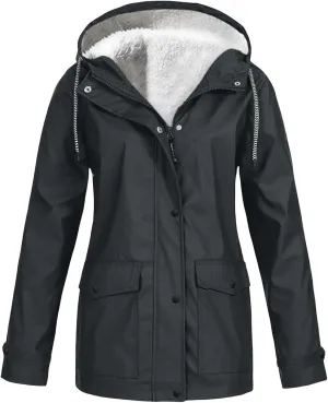 Fleece Lined Raincoat for Women Lightweight Warm Windbreaker Rain Jacket Outdoor Waterproof Hooded Coats with Pockets
