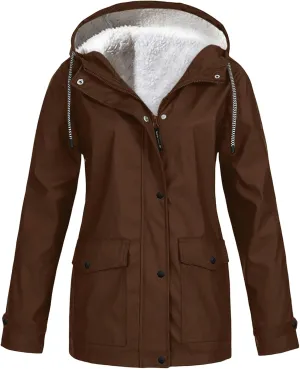 Fleece Lined Raincoat for Women Lightweight Warm Windbreaker Rain Jacket Outdoor Waterproof Hooded Coats with Pockets