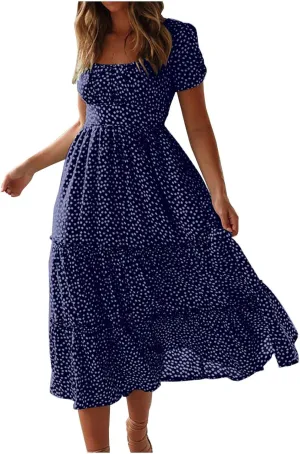 Floral Dress for Women Polka Dot Print Maxi Dresses Sqaure Neck Puuff Sleeve Dress High Waist Tiered Flowy Dresses