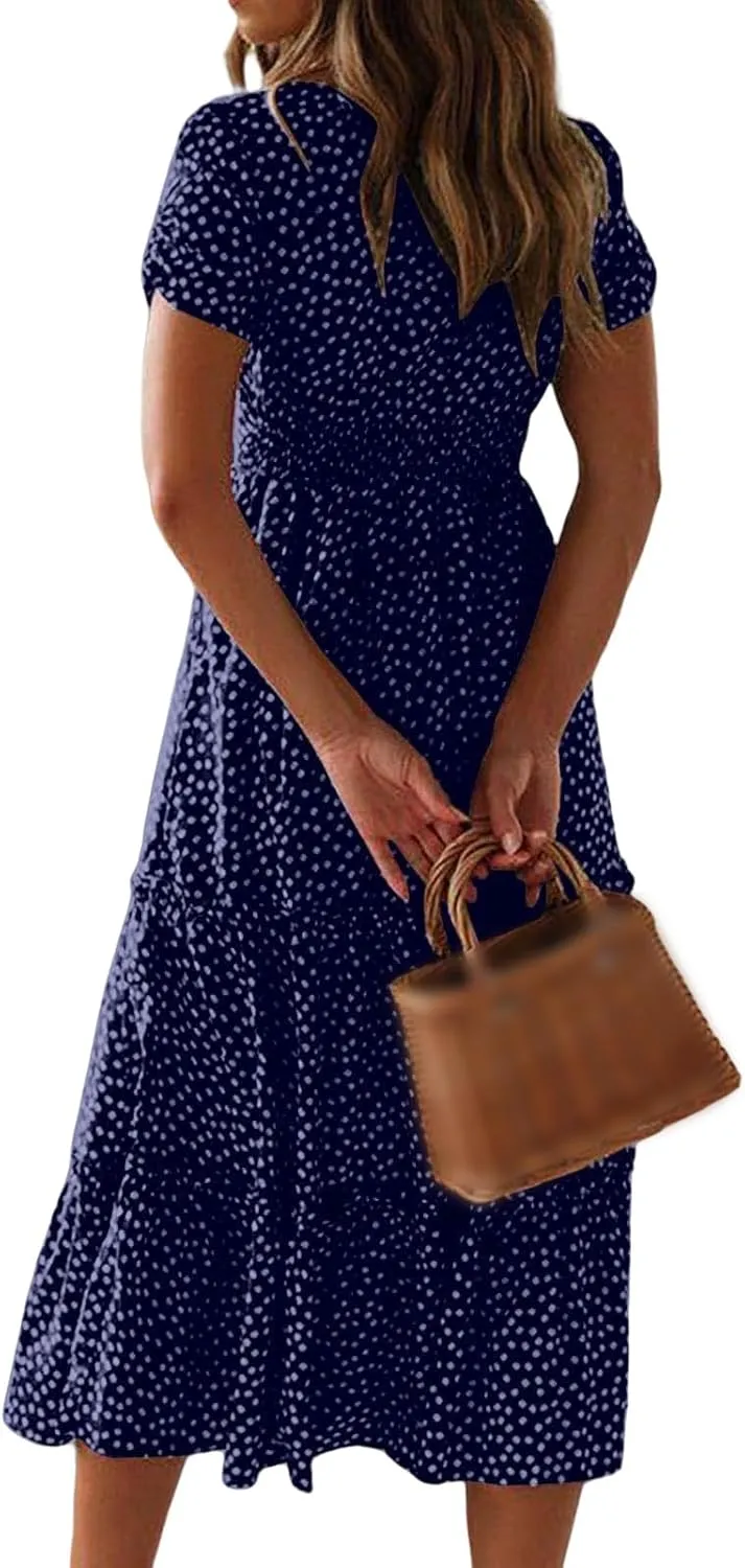 Floral Dress for Women Polka Dot Print Maxi Dresses Sqaure Neck Puuff Sleeve Dress High Waist Tiered Flowy Dresses
