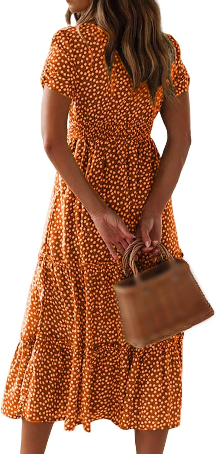 Floral Dress for Women Polka Dot Print Maxi Dresses Sqaure Neck Puuff Sleeve Dress High Waist Tiered Flowy Dresses