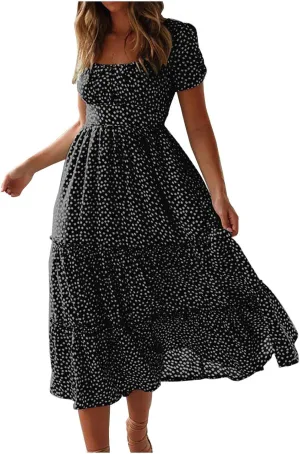 Floral Dress for Women Polka Dot Print Maxi Dresses Sqaure Neck Puuff Sleeve Dress High Waist Tiered Flowy Dresses