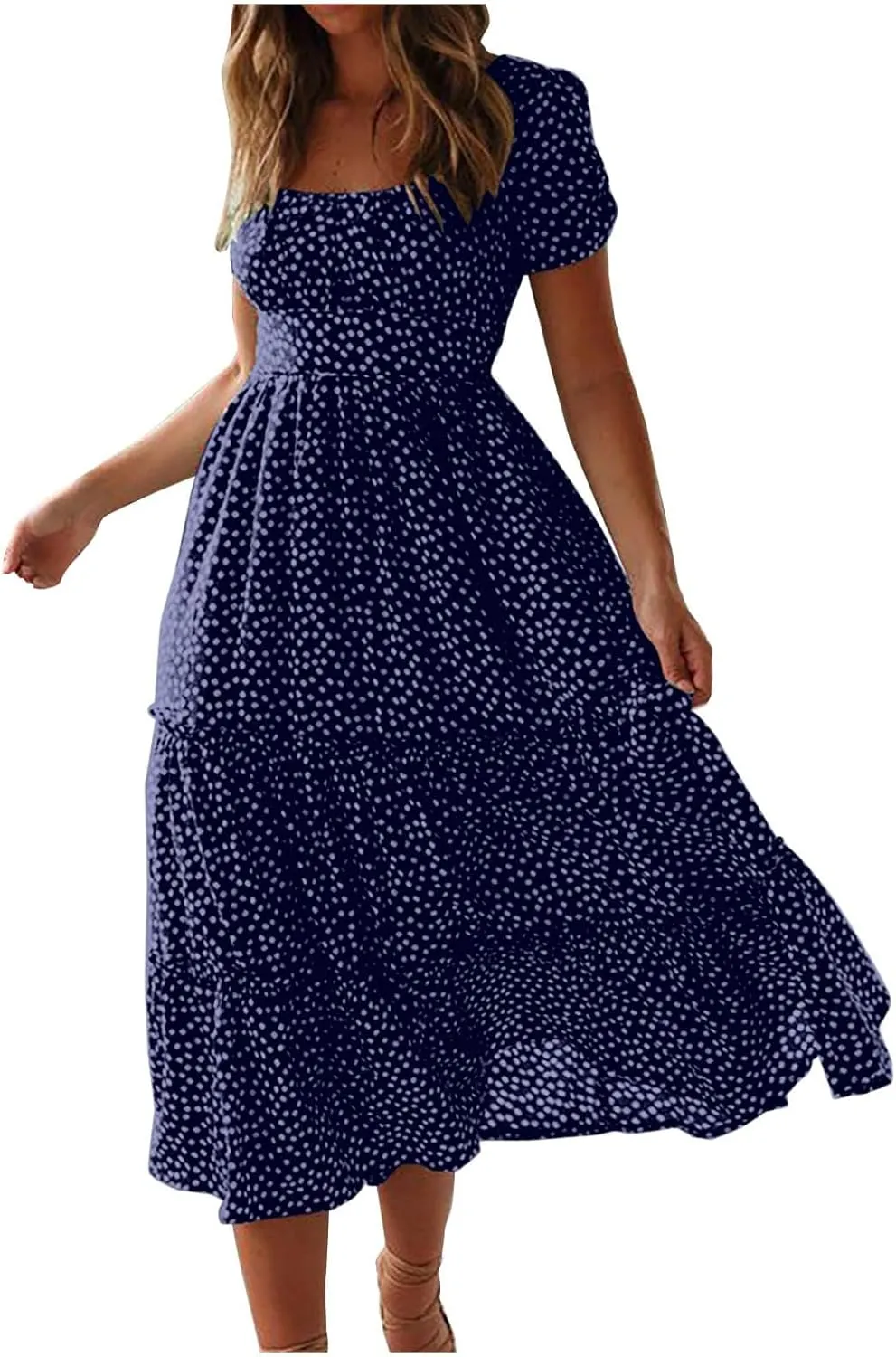 Floral Dress for Women Polka Dot Print Maxi Dresses Sqaure Neck Puuff Sleeve Dress High Waist Tiered Flowy Dresses