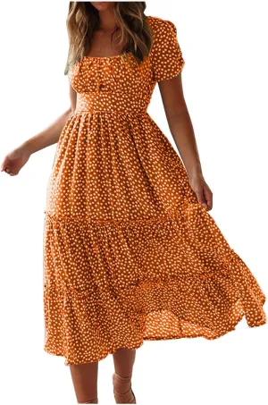 Floral Dress for Women Polka Dot Print Maxi Dresses Sqaure Neck Puuff Sleeve Dress High Waist Tiered Flowy Dresses