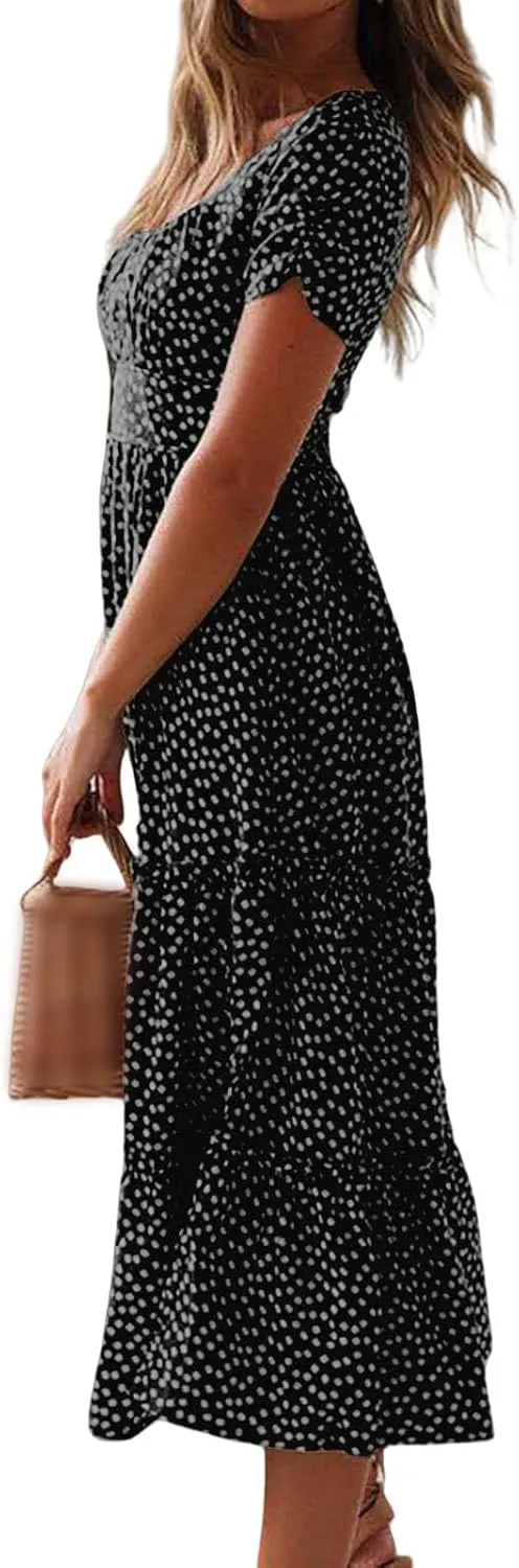 Floral Dress for Women Polka Dot Print Maxi Dresses Sqaure Neck Puuff Sleeve Dress High Waist Tiered Flowy Dresses