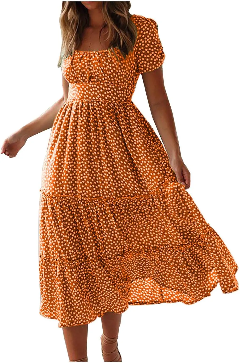 Floral Dress for Women Polka Dot Print Maxi Dresses Sqaure Neck Puuff Sleeve Dress High Waist Tiered Flowy Dresses