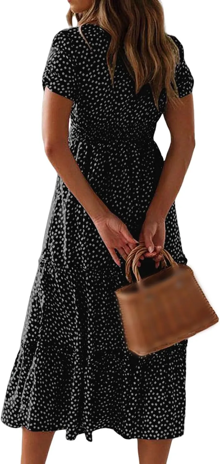 Floral Dress for Women Polka Dot Print Maxi Dresses Sqaure Neck Puuff Sleeve Dress High Waist Tiered Flowy Dresses