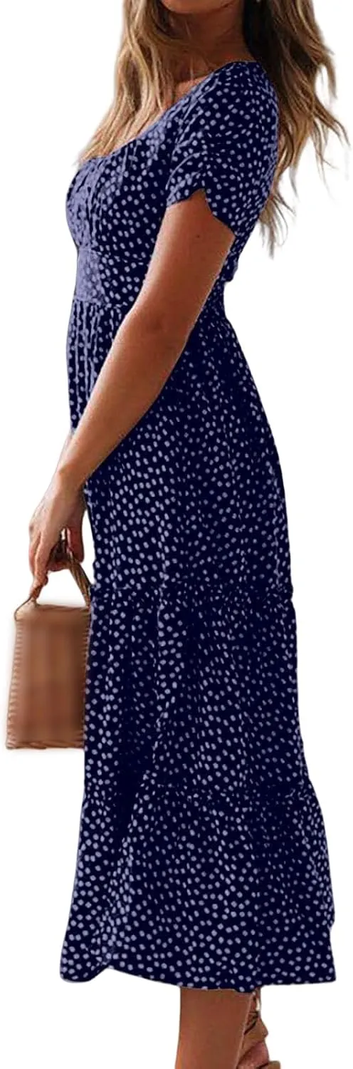 Floral Dress for Women Polka Dot Print Maxi Dresses Sqaure Neck Puuff Sleeve Dress High Waist Tiered Flowy Dresses