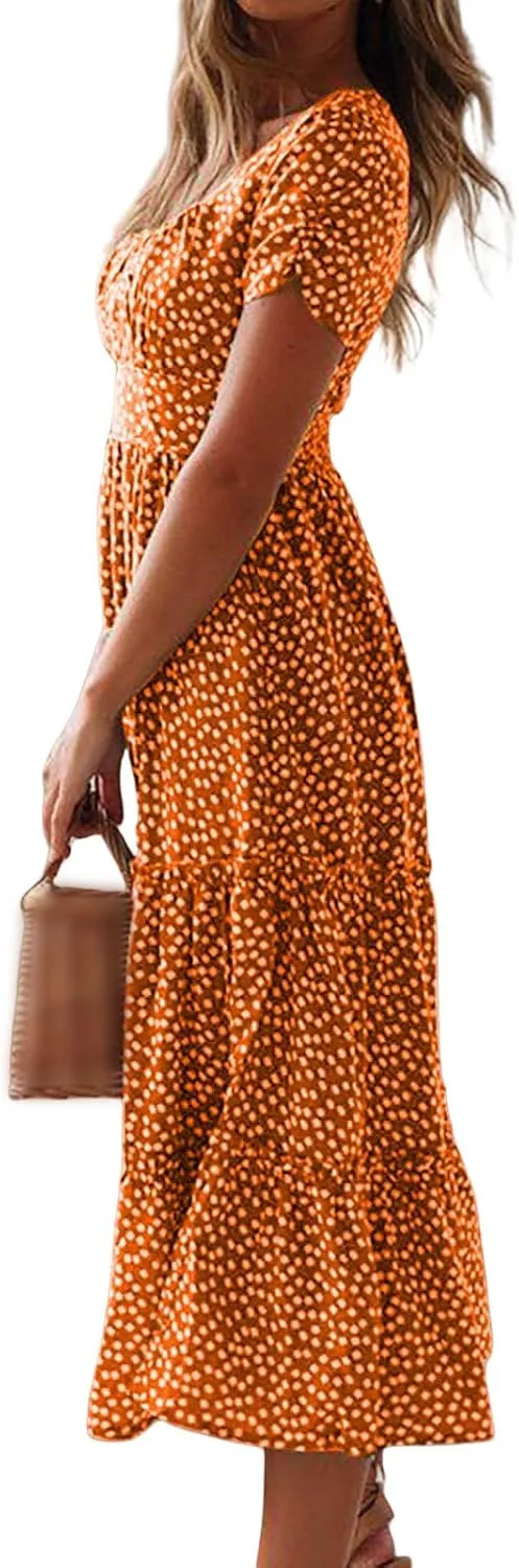 Floral Dress for Women Polka Dot Print Maxi Dresses Sqaure Neck Puuff Sleeve Dress High Waist Tiered Flowy Dresses