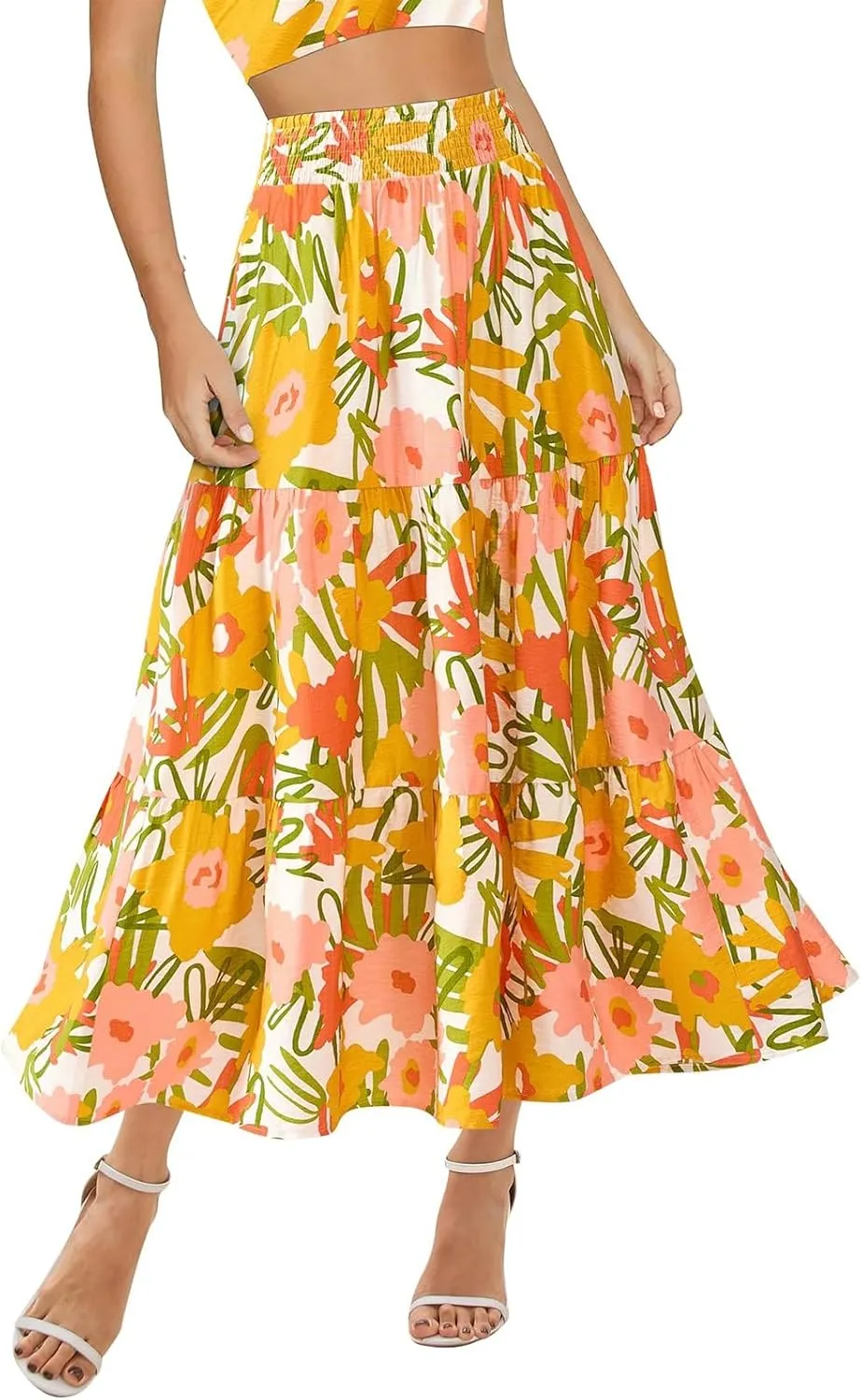 Floral Maxi Skirts for Women Elastic Waist Ankle Length Flared Skirt High Waist Casual Boho Flowy A-Line Skirts