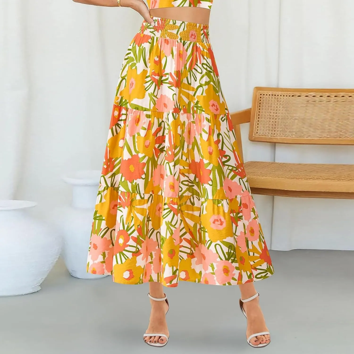 Floral Maxi Skirts for Women Elastic Waist Ankle Length Flared Skirt High Waist Casual Boho Flowy A-Line Skirts