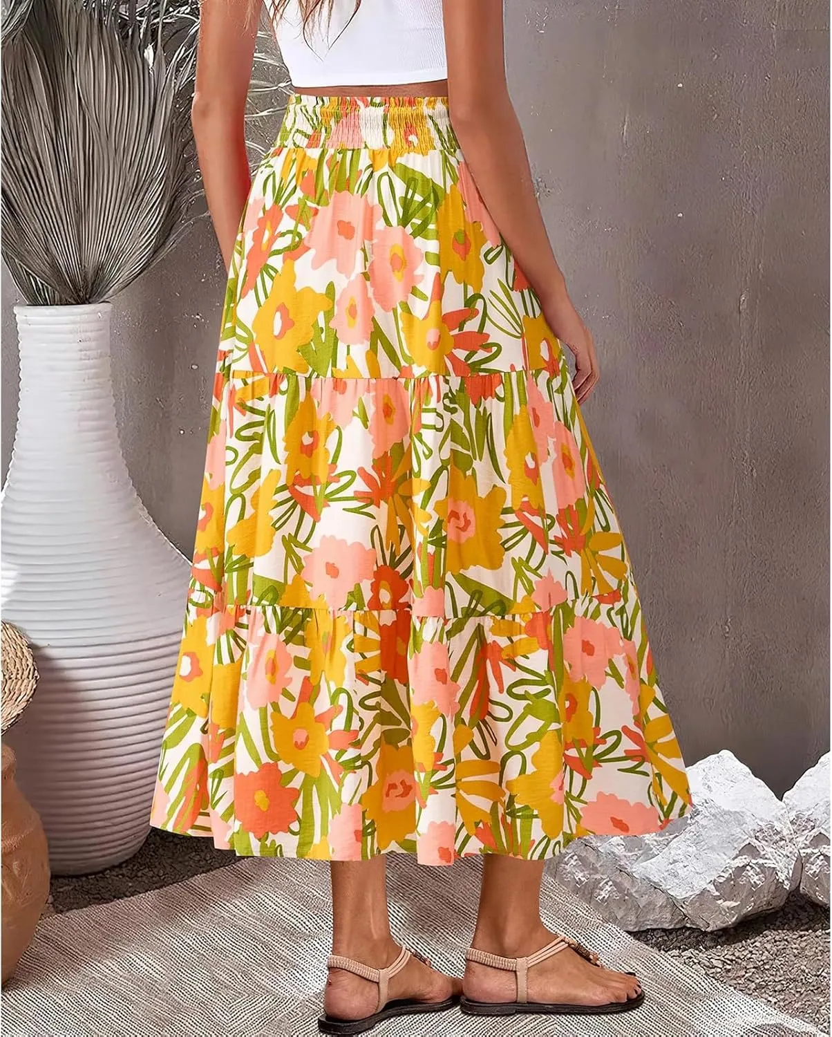 Floral Maxi Skirts for Women Elastic Waist Ankle Length Flared Skirt High Waist Casual Boho Flowy A-Line Skirts