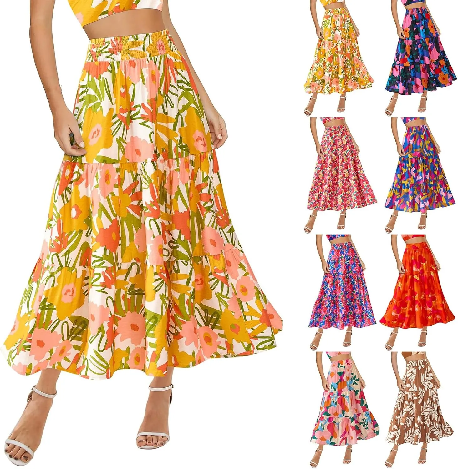 Floral Maxi Skirts for Women Elastic Waist Ankle Length Flared Skirt High Waist Casual Boho Flowy A-Line Skirts