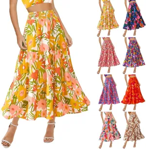 Floral Maxi Skirts for Women Elastic Waist Ankle Length Flared Skirt High Waist Casual Boho Flowy A-Line Skirts