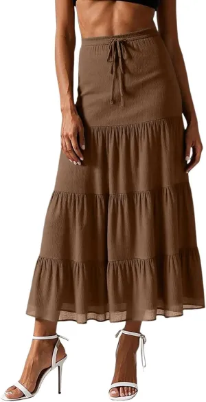 Floral Maxi Skirts for Women Flowy Boho Pleated A-Line Summer Beach Elastic Waist Splicing Swing Long Skirts