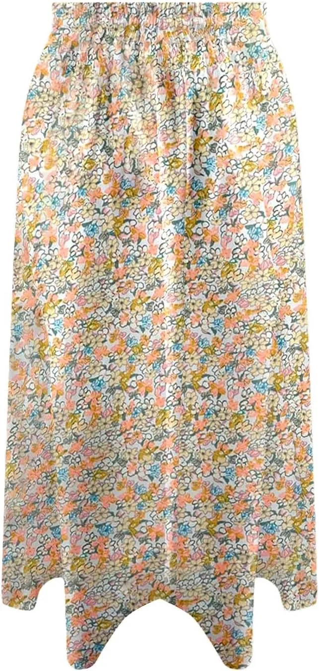 Floral Midi Skirts for Women 2025 Summer Boho Elastic Waisted Flowy Swing A Line Beach Vacation Skirt with Pockets