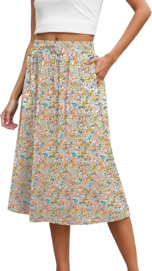 Floral Midi Skirts for Women 2025 Summer Boho Elastic Waisted Flowy Swing A Line Beach Vacation Skirt with Pockets