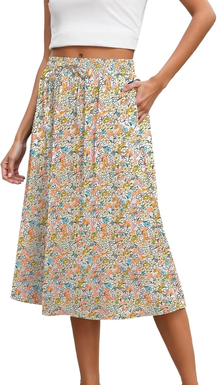 Floral Midi Skirts for Women 2025 Summer Boho Elastic Waisted Flowy Swing A Line Beach Vacation Skirt with Pockets