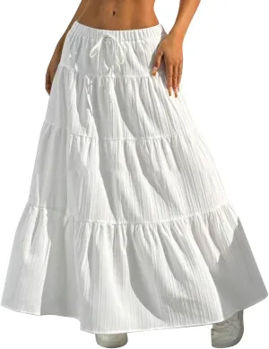 Flowy Tiered Skirts for Women Boho A Line Flowy Maxi Skirts Bohemian Drawstring Elastic Waist Casual Summer Skirts with Tie