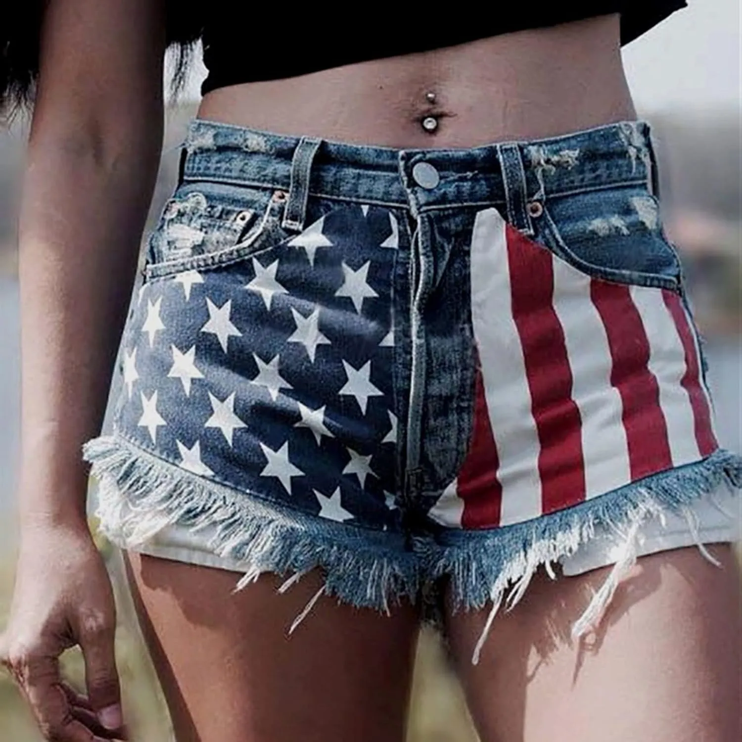 Fourth of July Shorts Women American Flag Printed Denim Shorts High Waisted Womens Patriotic Shorts