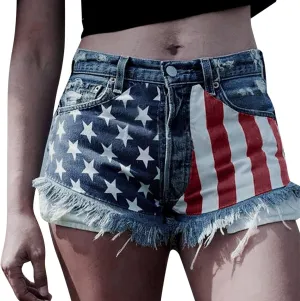 Fourth of July Shorts Women American Flag Printed Denim Shorts High Waisted Womens Patriotic Shorts