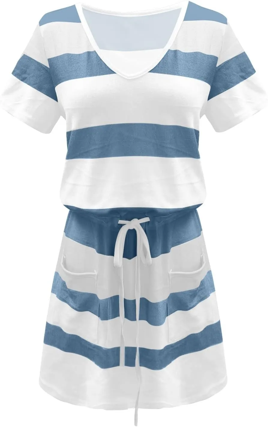 FZYLQY Summer Dresses for Women 2024 Casual Loose Sling V Neck Mini Dress Trendy Striped Drawstring Sundresses with Pockets