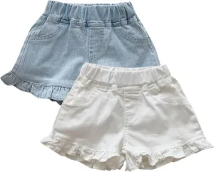 Girls Denim Shorts Summer Elastic Waist Wash Denim Flared Short Pants Causal Ruffle Jean Shorts with Pockets