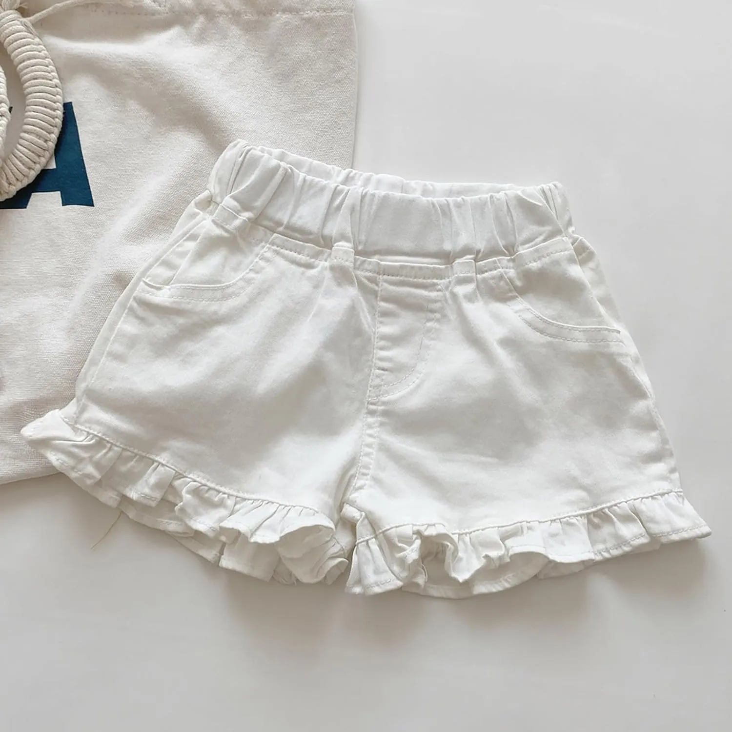 Girls Denim Shorts Summer Elastic Waist Wash Denim Flared Short Pants Causal Ruffle Jean Shorts with Pockets