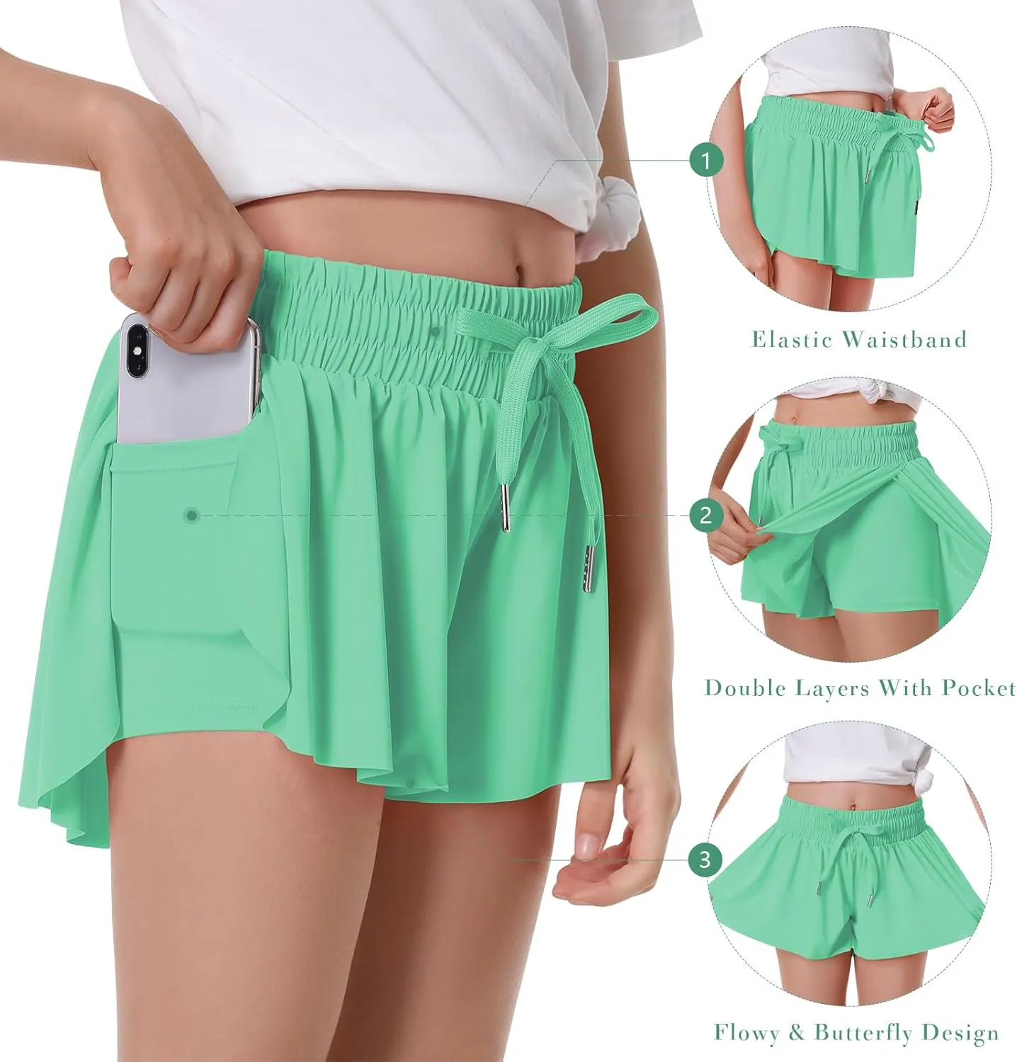 Girls Flowy Shorts Butterfly Shorts for Kids with Pocket 2-in-1 Athletic Shorts Running Shorts for Girls