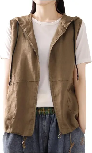 HGps8w Womens Cotton Linen Zip Up Hoodies Lightweight Casual Sleeveless Cardigans Jackets Military Utility Vest with Pockets