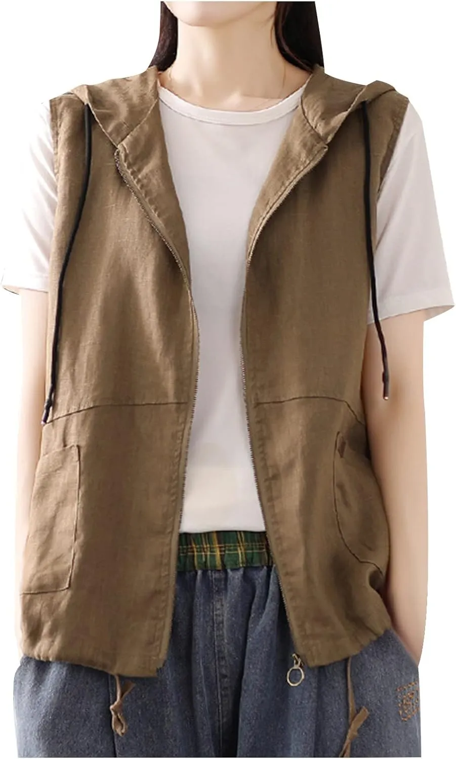 HGps8w Womens Cotton Linen Zip Up Hoodies Lightweight Casual Sleeveless Cardigans Jackets Military Utility Vest with Pockets